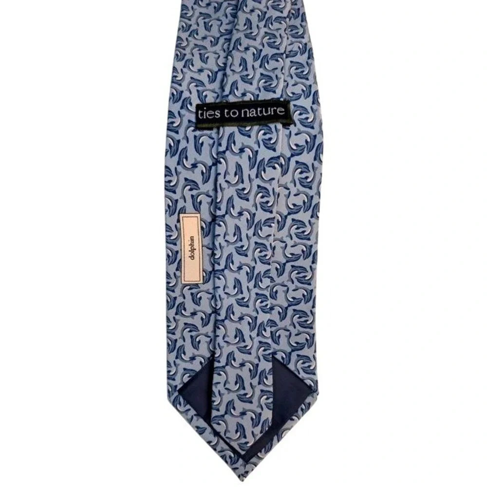 VTG. Ties to Nature Necktie Men OS Blue Dolphin Print Silk Hand Sewn Classic Tie
